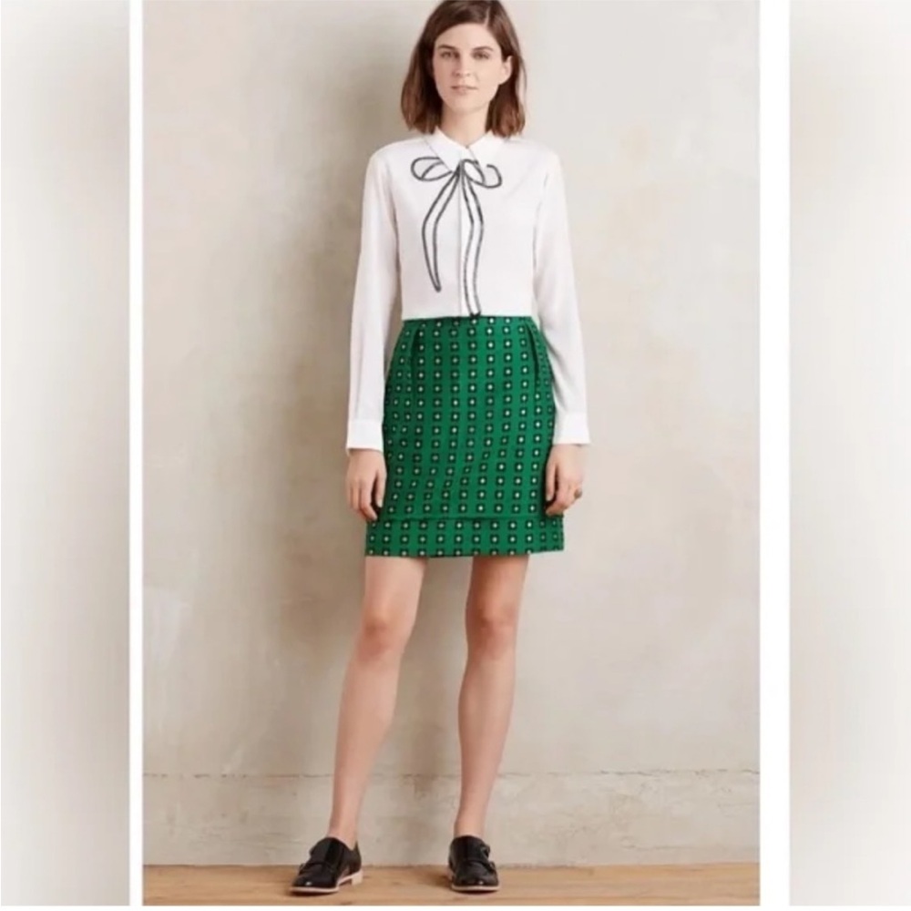 Anthropologie green brocade style mini skirt with pockets NWT
